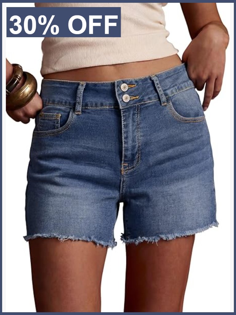 High Waisted Stretchy Raw Hem Denim Shorts With Pockets